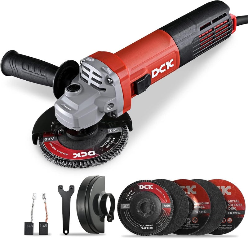DCK 9.0 Amp Angle Grinder, 4-1/2 Inch Electric Grinder Power Tool, 11800 RPM, Auxiliary Handle and 2 Safety Guards, 6 Piece Discs, Copper Angle Grinder for Cutting, Grinding, Polishing (KSM17-115B) - Image 1